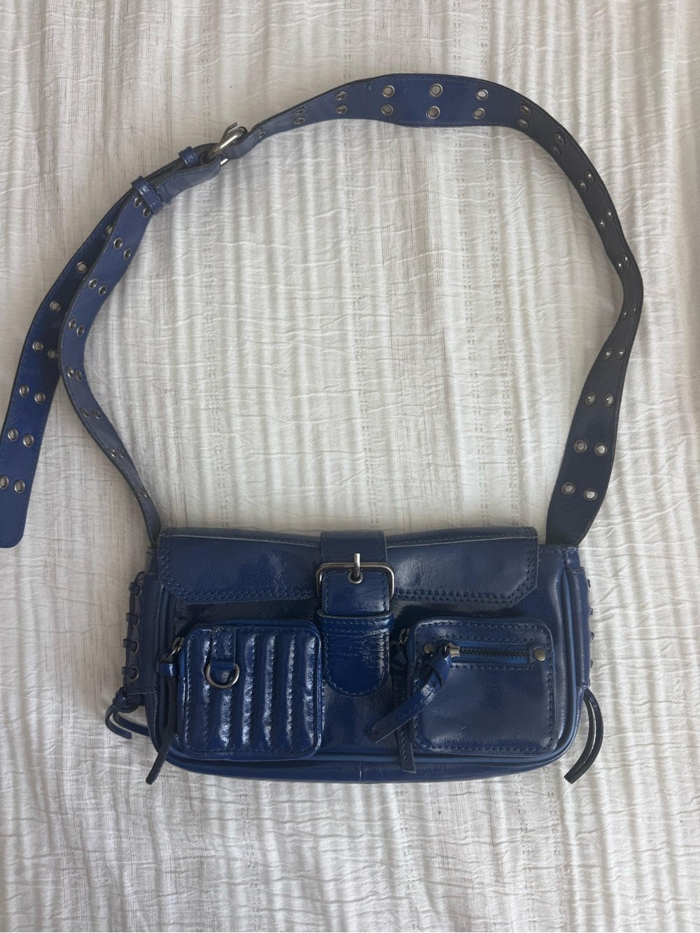 Free People Navy Patent Leather Multi-Pocket Shoulder Bag